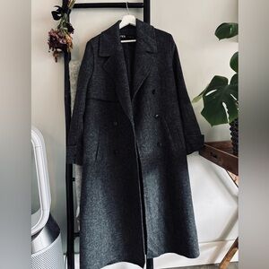 Zara Charcoal Double-Breasted Wool Trench Coat - 52% wool